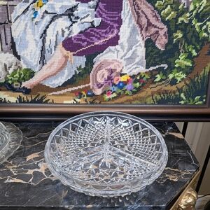 Vintage Divided Glass Relish Dish |Cut Crystal Diamond Point Candy & Vanity Tray